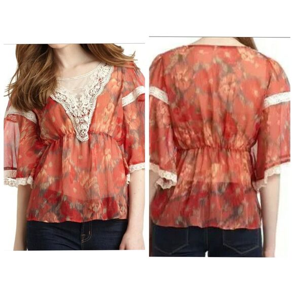 Free People Tops - Free People Daydreamer Sheer Orange Boho white Lace Blouse Womens Medium